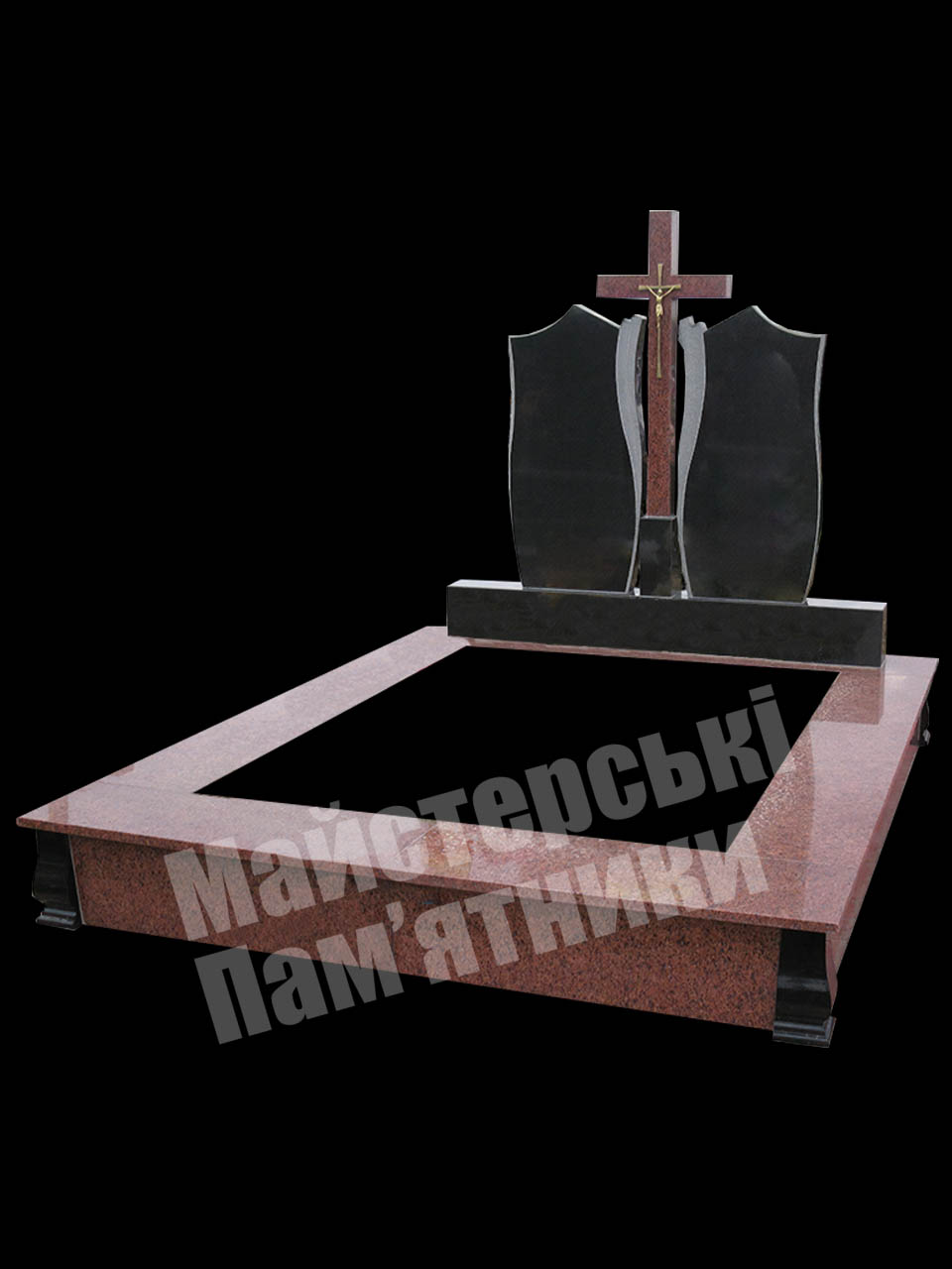 подвійний відкритий пам'ятник з лезниківського граніту та з великим прямокутним отвором у надмогильній плиті